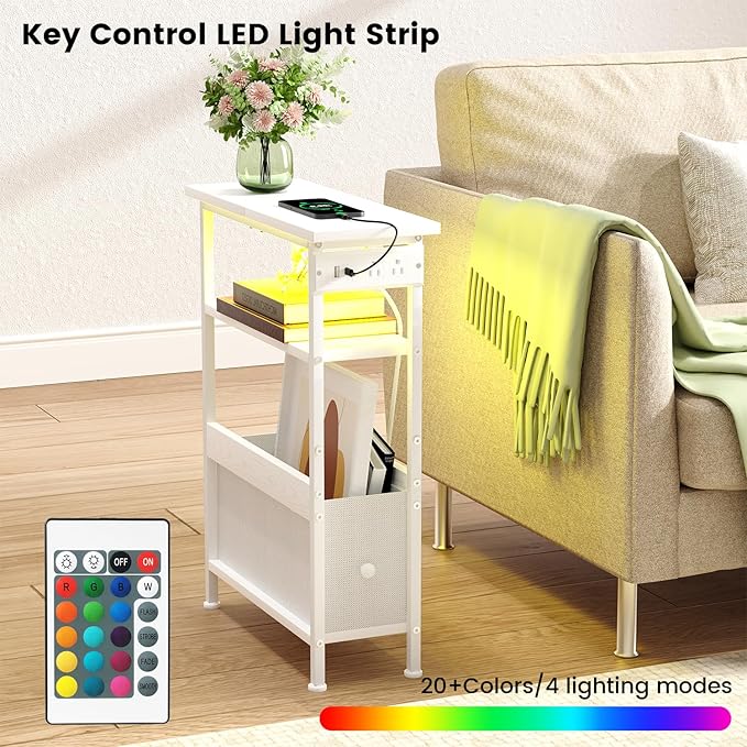 Narrow Bedside Table with Charging Station and LED Light, Skinny Nightstand with USB Ports & Type-C, End Table with 1 Fabric Drawer, Slim Side Table for Bedroom, Nursery, Living Room, White