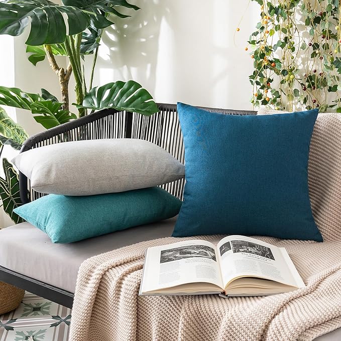 MIULEE Pack of 2 Decorative Outdoor Solid Waterproof Throw Pillow Covers Euro Sham Faux Linen Garden Farmhouse Coastal Cushion Cases for Summer Patio Tent Balcony Couch Sofa 26x26 Inch Blue