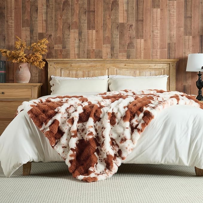 Lotus Karen Faux Fur Throw Blanket Cow Print-Light Brown, Fluffy Fuzzy Plush Bubble Blanket for Couch, 108x90 Inches Cozy Shaggy Rabbit Blanket, Luxury Decorative Gifts for Sofa Bedroom Living Room.