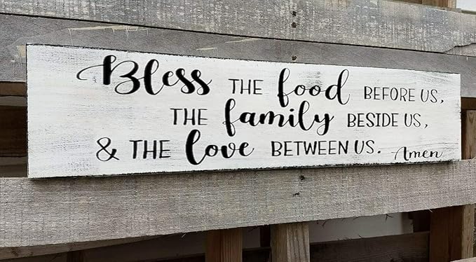 Bless the Food Before Us Wall Decor Farmhouse Rustic Kitchen Signs Wall Decor Framed Hanging Wall Plaques,Inspirational Quotes The Family Beside Us and The Love Between Us Signs 6x16 Inch