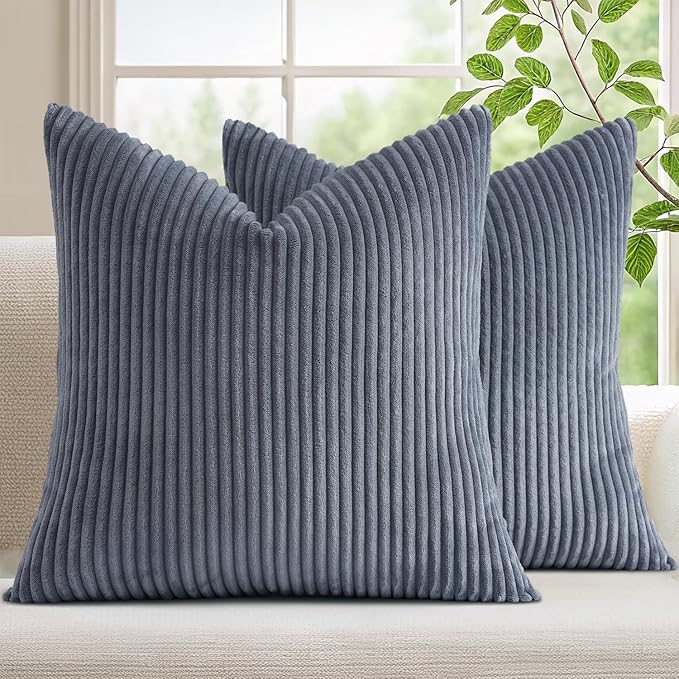 Mecatny Corduroy Decorative Throw Pillow Covers 24x24 Set of 2 for Sofa Living Room, Soft Neutral Boho Couch Pillow Covers for Home Decor, Blue Grey
