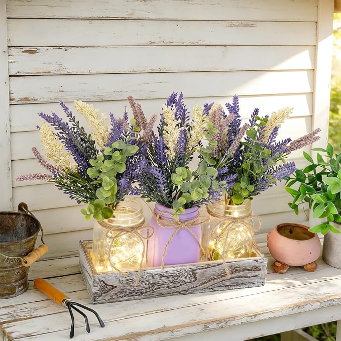 LUEUR Mason Jar Lights Centerpiece Table Decor with Wood Tray – 3 Lighted Glass Jars with Purple Lavender Flowers, Home Decoration for Dining Table, Coffee Table, Kitchen & Living Room
