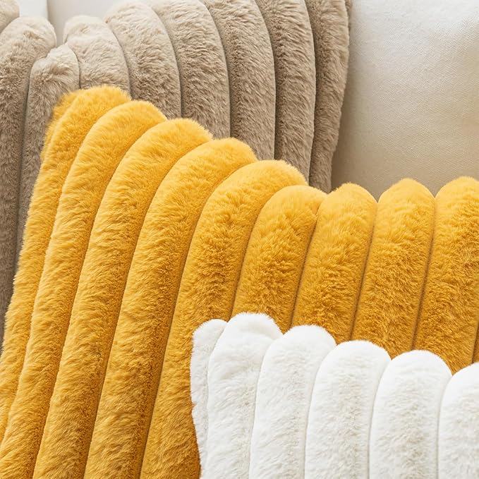 MIULEE Faux Fur Lumbar Decorative Throw Pillow Covers 12x20 Inch Set of 2, Retro Vintage Boho Spring Home Decor Soft Plush Couch Pillows Cozy Fluffy Cushion Covers for Sofa Bed Mustard Yellow