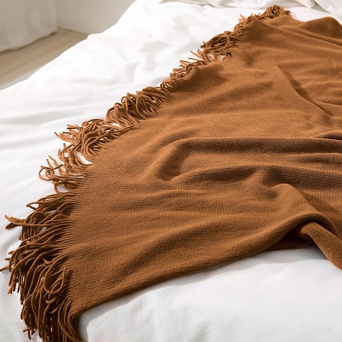 Homiest Decorative Knitted Throw Blanket with Fringe, Lightweight Acrylic Knit Blanket, Soft & Cozy Tassel Throw for Couch Sofa Bed (Camel Brown, 50 x 60 Inch)