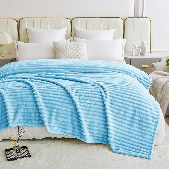 Comelady Fleece Blanket Queen Size for Bed,3D Ribbed Jacquard Warm Fluffy Throw Blanket for Couch Sofa Room Decor-Lightweight Cozy Fuzzy Blanket for All Seasons(Light Blue,90"×90")