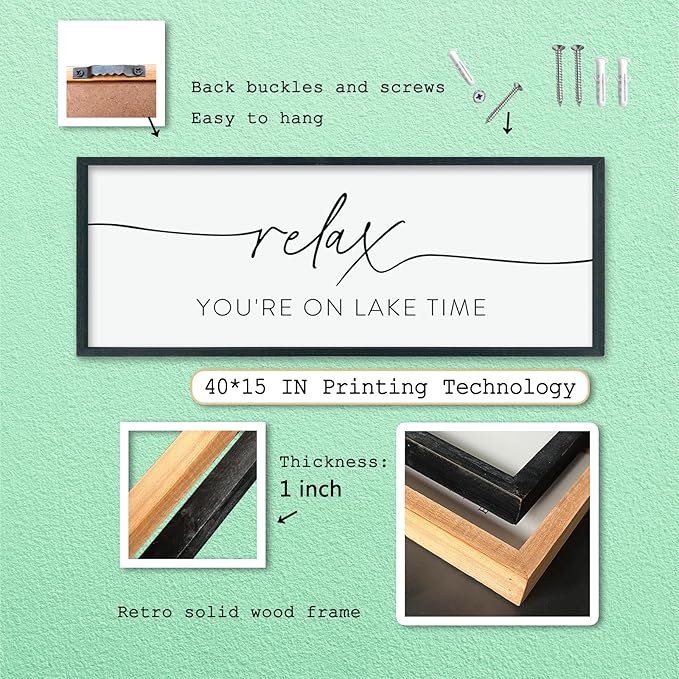 LuZhiQiang Home Wall Decor Relax You're On Lake Time Sign 40"×15" Living Room Minimalist Plaque for Lake House Bedroom Large Wood Framed Hanging Wall Art (Black)