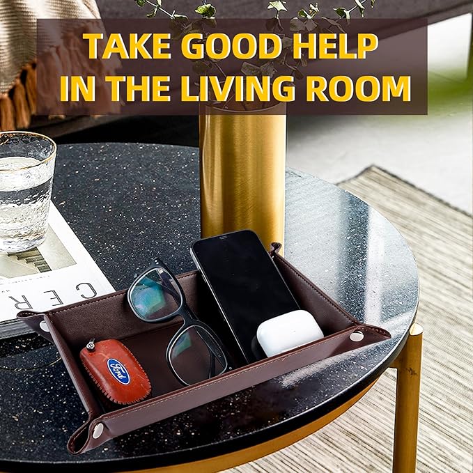 Valet Tray for Men Women 2 Pack - PU Leather Travel Catchall Tray Organizer - Desk Bedside Nightstand Storage Box for Jewelry Key Phone Remote Controller Wallet Watch Glasses -Rectangle