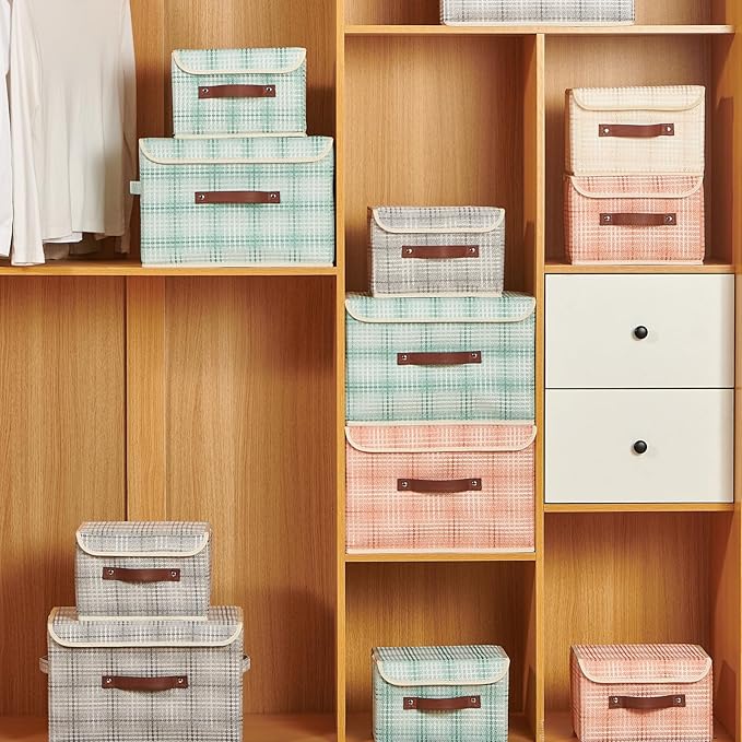2PCS Storage Boxes with Lid 3D Textured Fabric Storage Bins Closet Organizer Containers Decorative Collapsible Washable Shelf Baskets with Faux Leather Handles (Light Salmon, Large Size)