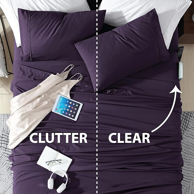 Swift Home Smart Sheets, Ultra Soft Brushed Microfiber 4-Piece Sheet Set, Fitted Bed Sheet with Side Storage Pockets – Eggplant, Full