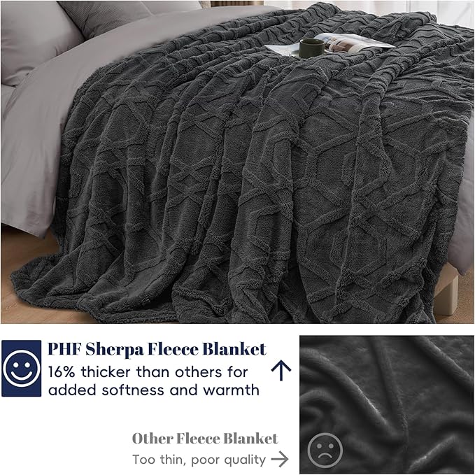 PHF Fluffy Sherpa Fleece Blanket Twin Size for Winter, Warm and Cozy, 510GSM 3D Tufted Shaggy Fleece Blanket for Sofa Bed, Dark Grey, 60"x80"