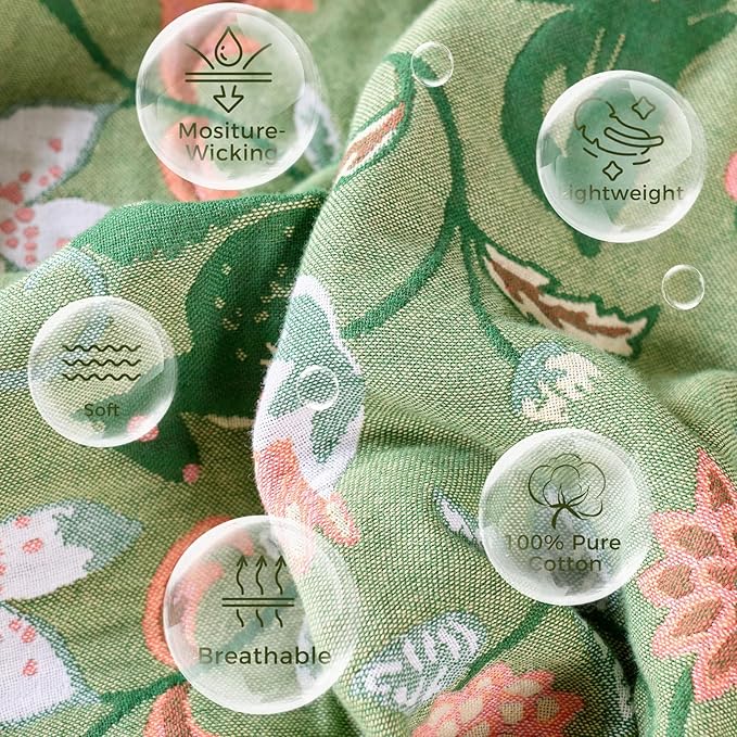 Boho Throw Blanket for Bed 100% Cotton Soft Breathable Quilt Room Decor Spring Bed Blankets,Floral Garden Embroidery All Season Green Reversible Blankets for Sofa Couch Chair 90"x98"