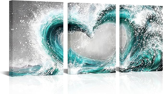 HOMEOART Bedroom Wall Art Ocean Wave Painting Love Sign Wall Decor Framed Artwork Bathroom Bedroom Living Room Decor (Turquoise)