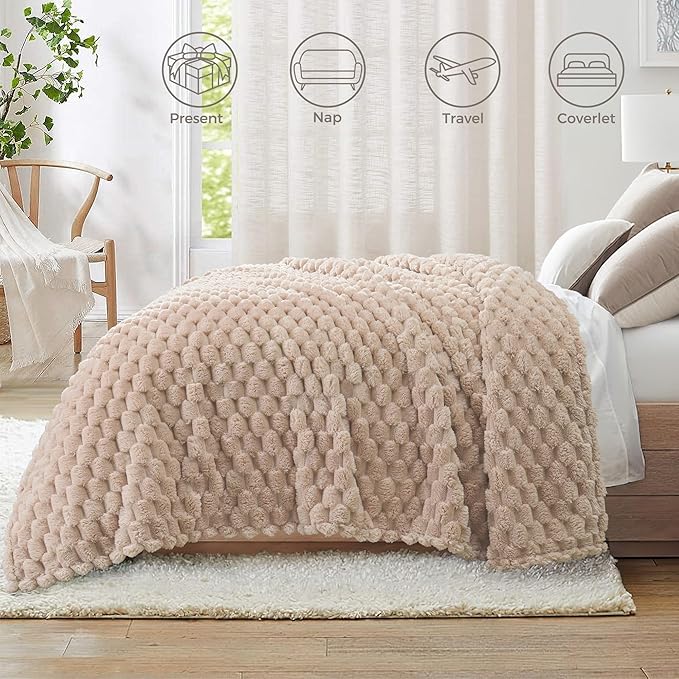 Whale Flotilla Queen Size Blanket for Bed with Jacquard Pattern, Fuzzy Soft Cozy Exquisite Blankets for All Season, Warm and Fluffy, 90x90 Inch, Camel