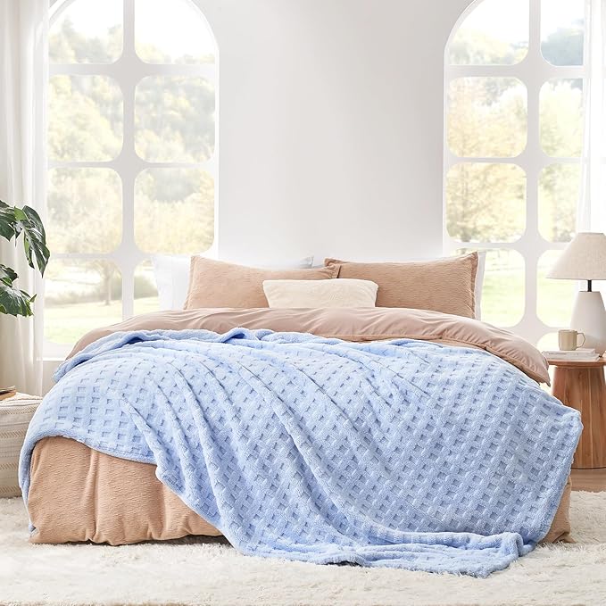 Cozy Bliss Ultrasoft Waffle Throw Blanket, Fluffy Cute Plush Blanket for Couch, Bed, Modern Home Accent, Portable for Picnic or Outdoor, Light Blue, 50"x60"