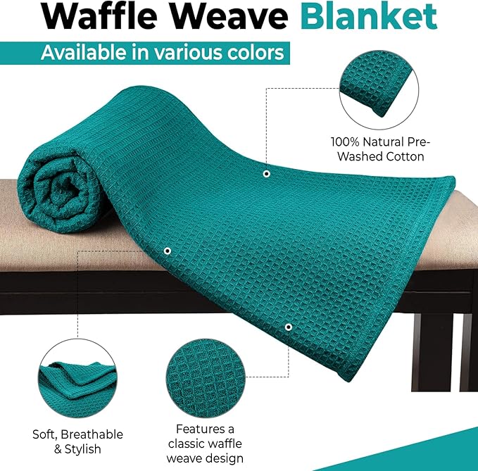 100% Cotton Blankets for Bed - Waffle Weave Blankets for Summer, Lightweight and Breathable Soft Woven Blanket for Spring (Teal, Queen (90" x 90"))