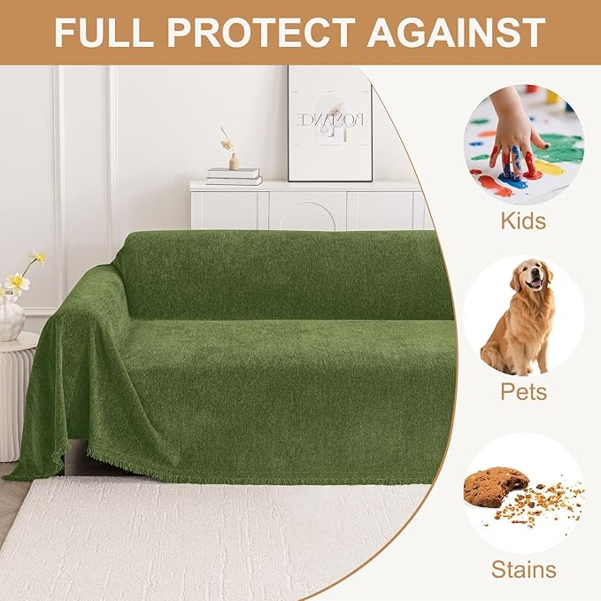 Smiry Couch Cover for Dogs, Washable Chenille Sofa Covers for 3 Cushion Couch, Soft Sofa Slipcover for Pets, Thick Sectional Furniture Protector with Tassels (Green, 71x134 Inch)