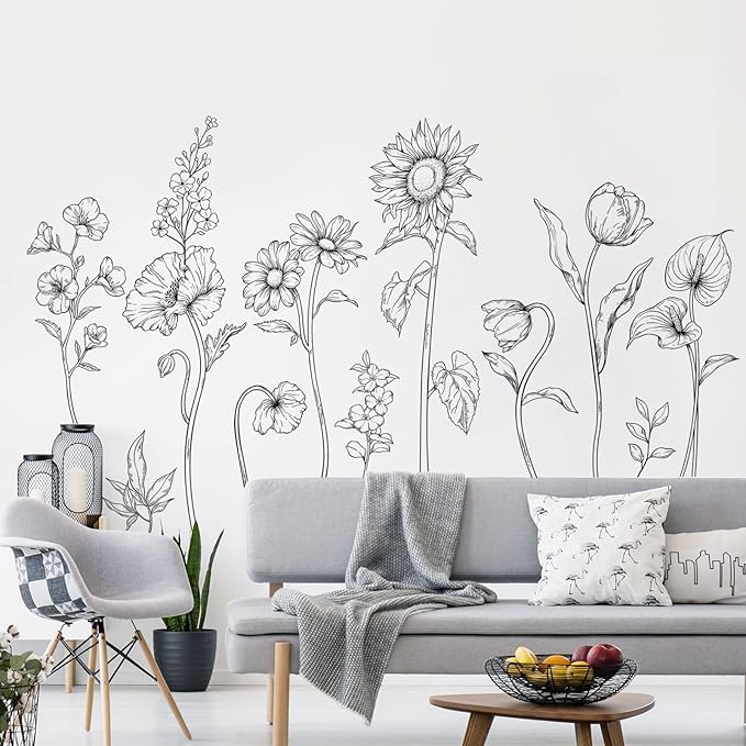 Large Black and White Flower Wall Decals, 3 Sheets Simple Modern Minimalist Sunflower Tulip Wall Stickers Floral Art Decor for Girls Bedroom Home Room Office Adult Gifts for Mom(11.8x35.4 in/Sheet)