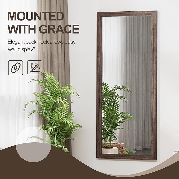 Full Length Wooden Mirror for Wall or Floor, 56"x20" Rustic Farmhouse Solid Wood Frame with Stand, Large Rectangular Wall-Mounted or Leaning Mirror for Bedroom, Living Room, Entryway