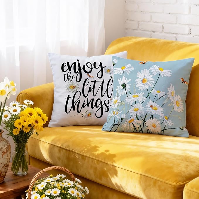 Hexagram Spring Summer Pillow Covers 16x16 Set of 4, Floral Daisy Outdoor Decorative Throw Pillow Covers, Blue Farmhouse Cushion Case for Couch Sofa Living Room Bedroom Home Indoor Decor(No Insert)