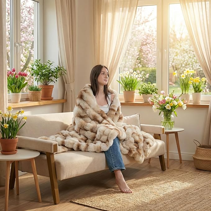 Luxury Double-Sided Faux Fur Throw Blanket for Couch, Camel Cozy Fluffy Bubble Blanket for Airplane RV Car Road Trip Spring Camping Travel Office Nap Home Bed, Machine Washable, 50" x 60"