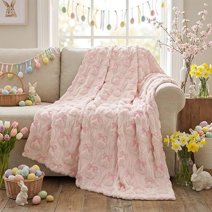 Horaldaily Easter Solid Blanket Throw, Pink Rabbits Bow Soft Fuzzy Plush Faux Fur Cozy Blankets for Couch Sofa Bed Lounging, Ideal Gifts for Kids Adults Wife Self, 50x60