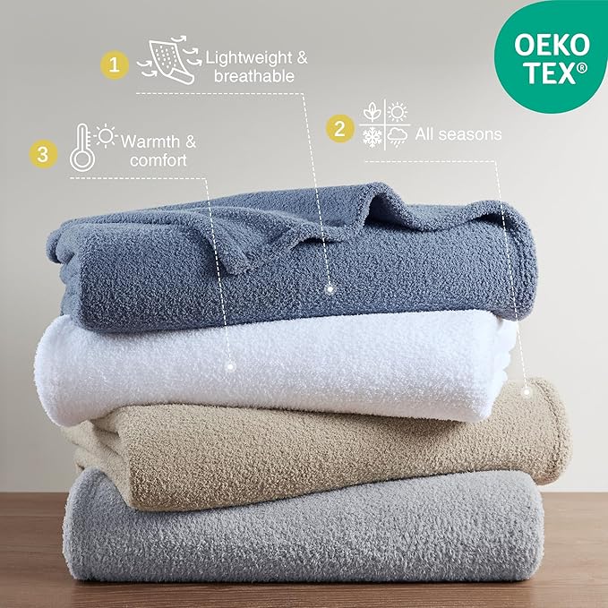 Madison Park Fuzzy Knit Blanket Dream Soft Blanket Cozy Breathable Cover Luxrurious Feathersoft Feel, All Seasons Lightweight Bedding for Summer Cover for Bed, Couch & Sofa, King, White