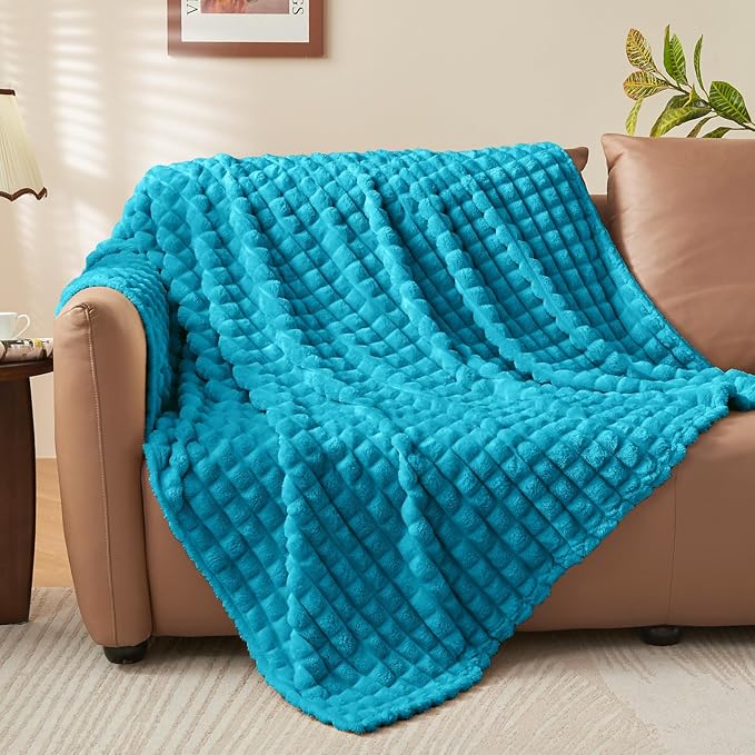 BEDELITE Teal Throw Blanket Twin Size for Bed- Super Soft and Warm 3D Checkered Fluffy Fuzzy Fleece Blanket, Luxurious Plush Cozy Blanket for Room Decor Fall and Winter, 60x80 inches