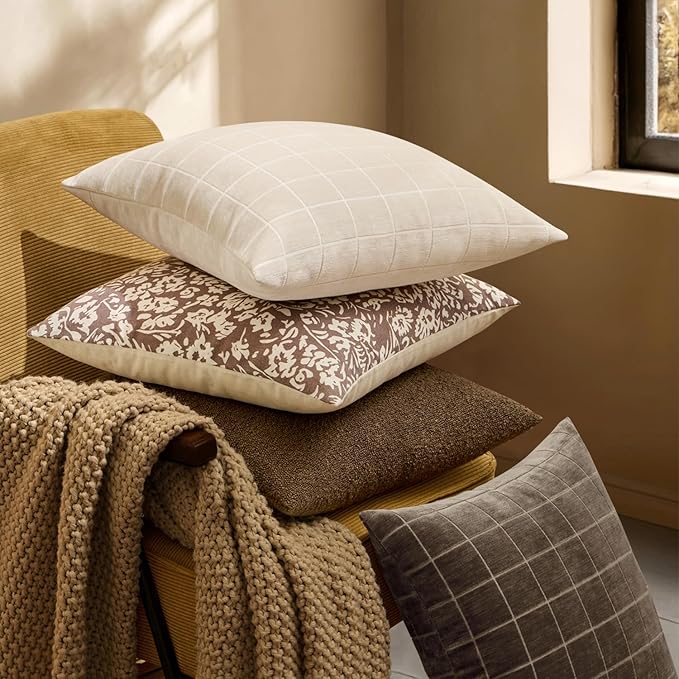 MIULEE Decorative Chenille Check Throw Pillow Covers Vintage Plaid Couch Pillows 18x18 Inch Set of 2 Neutral Boho Farmhouse Cushion Covers Modern Spring Home Decor for Sofa Bed Living Room Beige