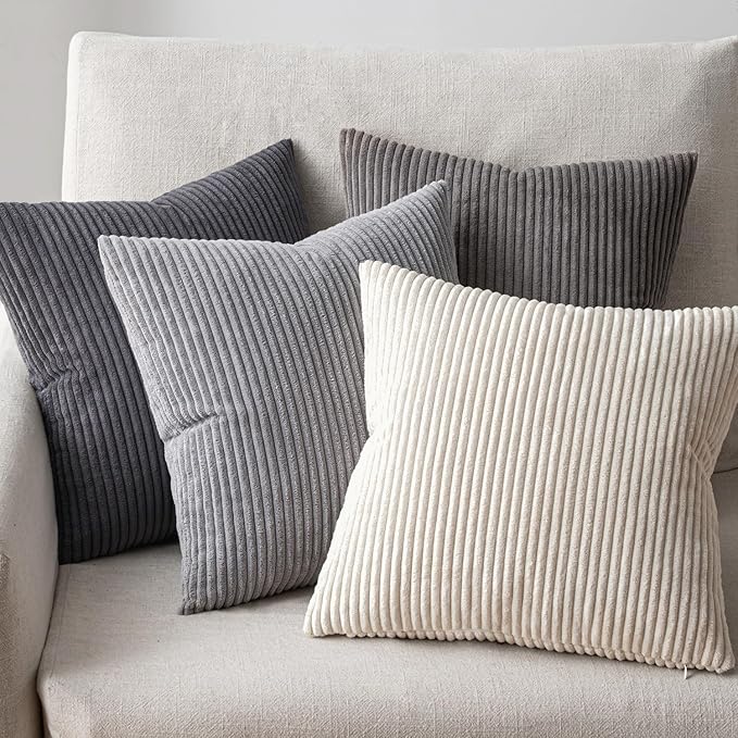 EMEMA Neutral Grey Decorative Throw Pillow Covers 16x16 Inch Set of 4 Boho Farmhouse Corduroy Striped Square Pillow Case,Western Modern Cushion Covers for Couch Bed Livingroom Home Decor