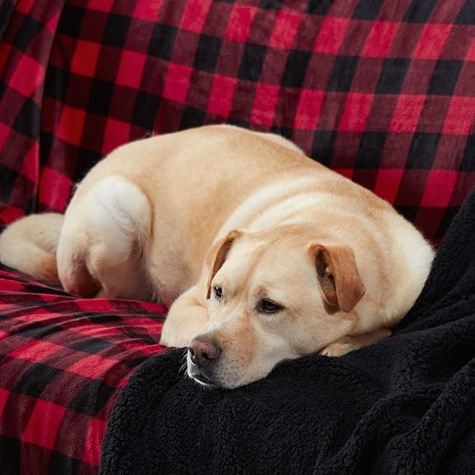 Genteele Sherpa Throw Blanket Super Soft Reversible Ultra Luxurious Plush Blanket, 90 x 90 inches, Buffalo Check Red/Black