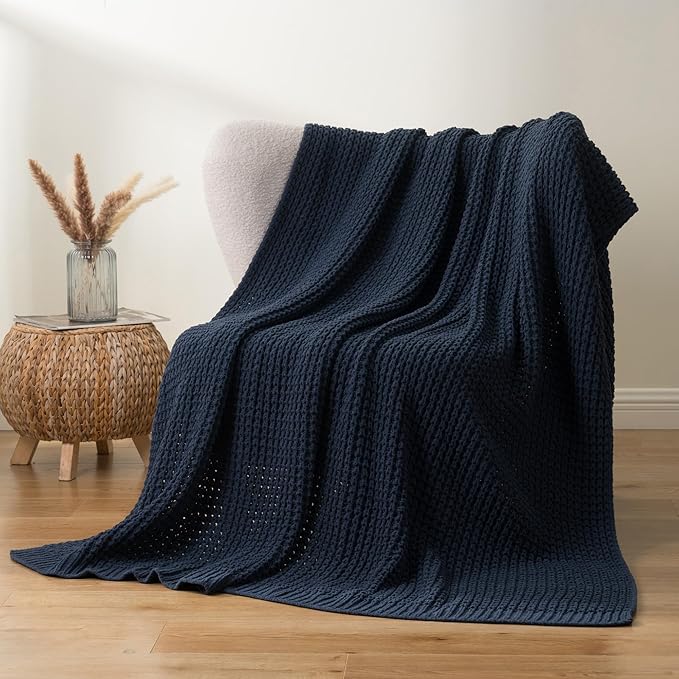 Bunnikins & Clover Navy Blue Throw Blanket for Couch, Knitted Blue Blanket Throw 60''x80'', Super Soft Waffle Navy Throws for Chair Sofa Home Decor