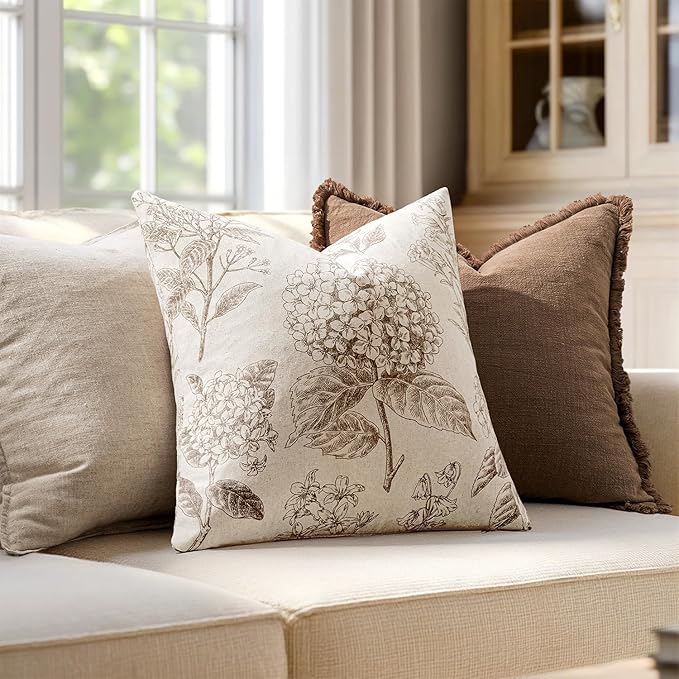Set of 2 Decorative Floral Neutral Pillow Covers 18x18 Inch Light Brown Hydrangea Print Spring Boho Vintage Throw Cushion Covers for Sofa Couch Porch Bedroom Living Room Summer Home Decor