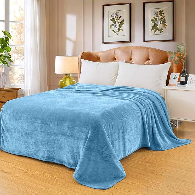 Fleece Blankets for All Season - Premium Lightweight Anti-Static Throw for Queen/Full Size Bed Extra Soft Brush Fabric Warm Sofa Thermal Blanket 90" x 90"(Washed Blue)