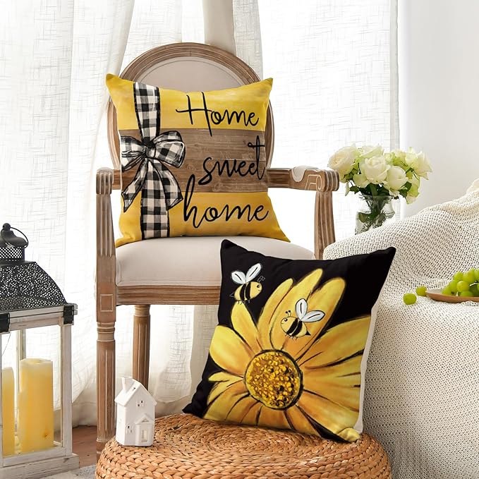 AVOIN colorlife Home Sweet Home Bee Sunflower Black Throw Pillow Covers, 18 x 18 Inch Love Lives Here Spring Summer Stripes Cushion Case for Sofa Couch Set of 4