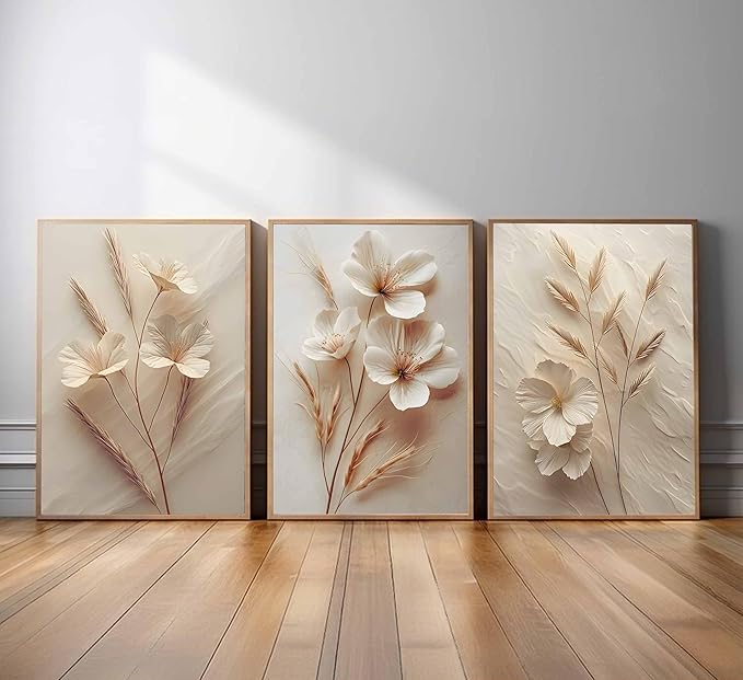 3Pcs Neutral Beige Floral Botanical Canvas Wall art Modern Simple Texture Flower Plant Painting Picture Wall Decor Vintage Blossom Poster Print Artwork for Living Room Bedroom Bathroom Unframed