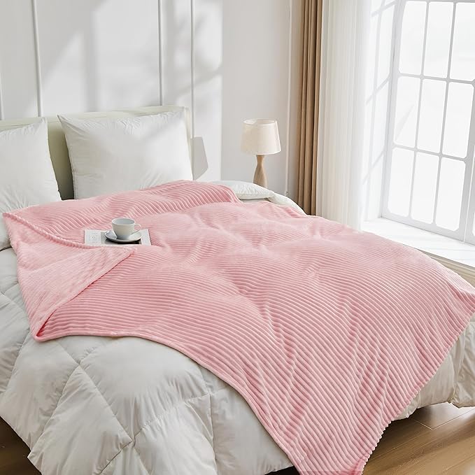 Bnuitland Fleece Throw Blanket for Couch, 300GSM Soft Warm Cozy Fluffy Throw for Adults & Kids, Stripe Pattern, All Season Sofa Bed Blanket for Home Decor, Light Pink 50"x60"