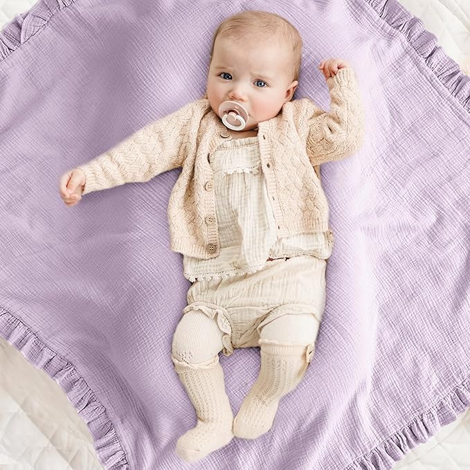 Konssy Flounce Muslin Baby Blanket for Girls Boys, 100% Cotton Soft Crib Swaddle Blankets, Reversible & Breathable Nursery Bedding for Newborns Toddlers, 40 x 36 Inches (Purple)