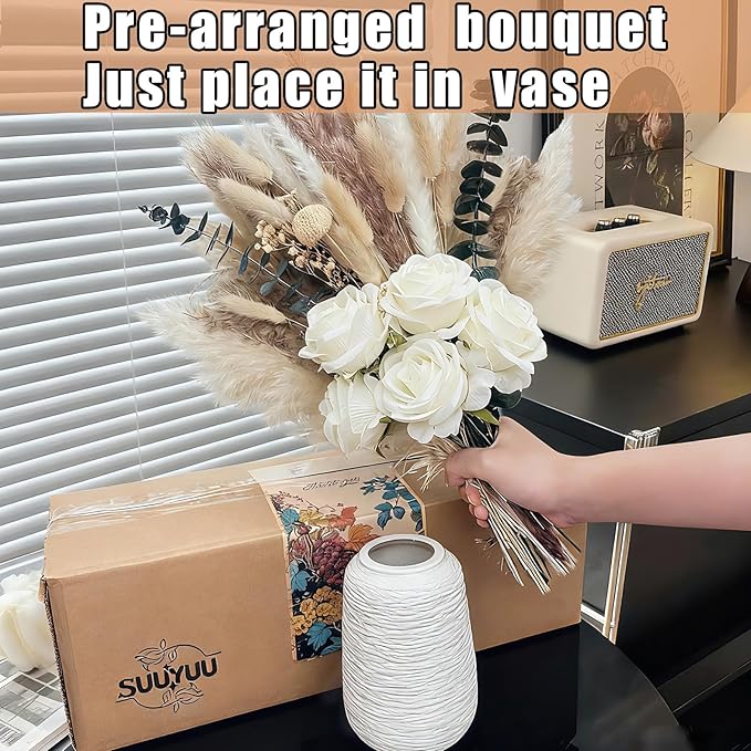 100pcs Artificial Flowers Arrangement with Vase, Fake Flowers Silk Roses in Vase, Coffee Table Decorations,Boho Dried Pampas Grass, Dining Table Decor, Floral Centerpieces for Tables, Centro de Mesa