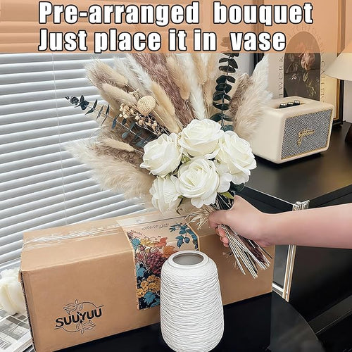 100pcs Artificial Flowers Arrangement with Vase, Fake Flowers Silk Roses in Vase, Coffee Table Decorations,Boho Dried Pampas Grass, Dining Table Decor, Floral Centerpieces for Tables, Centro de Mesa