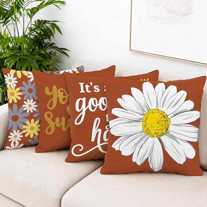 Hexagram Spring Summer Pillow Covers 18x18 Set of 4, Outdoor Floral Daisy Decorative Burnt Orange Throw Pillow Covers, You are My Sunshine Farmhouse Cushion Case for Couch Sofa Indoor Decor(No Insert)