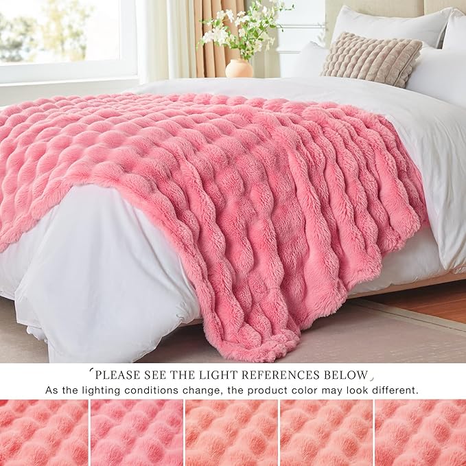 EXQ Home Fluffy Faux Rabbit Fur Throw Blanket for Couch, Soft Luxury Bubble Double Sided Plush Blanket, Cozy Thick Warm Fuzzy Decorative Blanket for Bed Chair Sofa Living Room,50"X60"(Dark Pink)