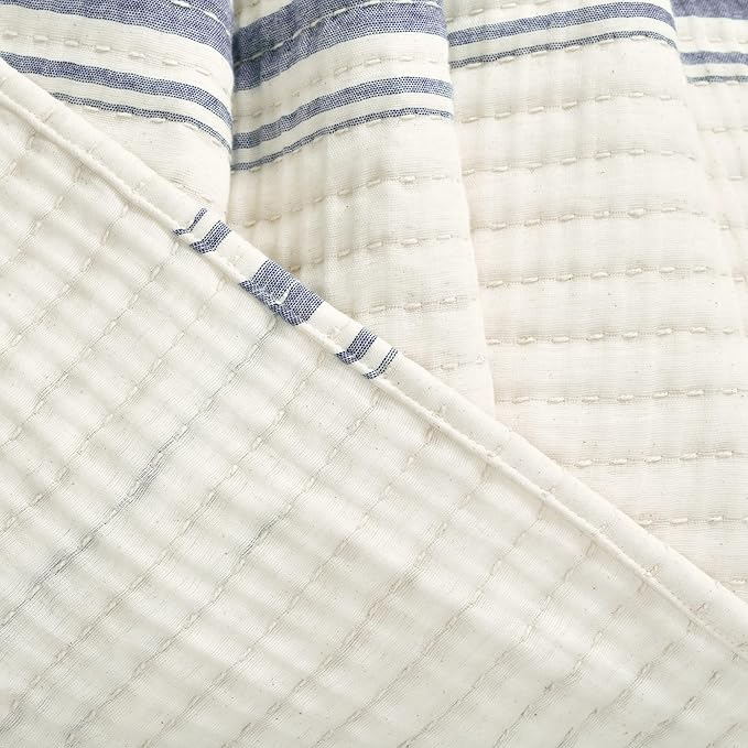 Lush Decor Farmhouse Stripe Kantha Pick Stich Yarn Dyed Cotton Woven Throw Reversible Ticking Pinstripe Design Blanket, 50" x 60", Navy