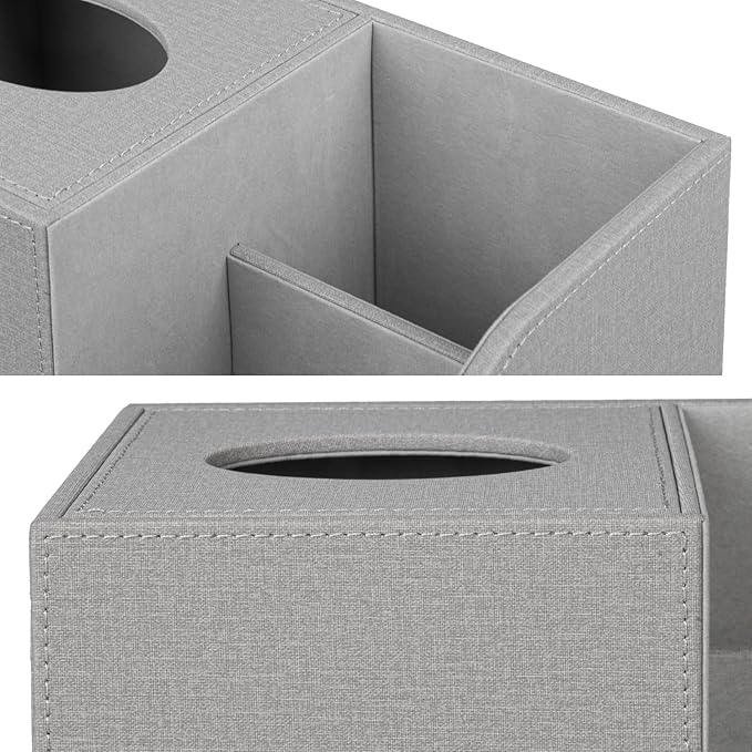 PU Leather Tissue Box Cover with Remote Control Holder, Square Tissue Box Holder for Living Room Bathroom Office (Grey)