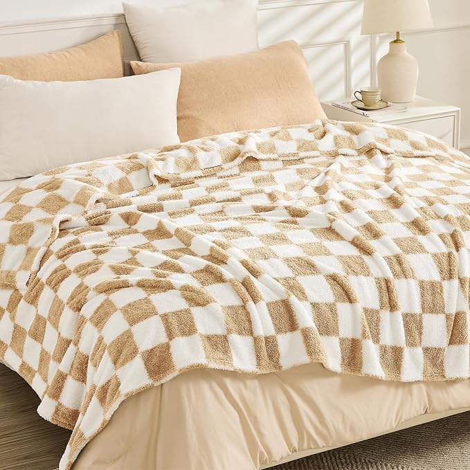 EMME Checkered Blanket Throw - 50"x60" Beige Knit Blanket Soft Fluffy Patterned Throw Blankets for Couch, Sofa, Chair, Bed, Camping, Picnic, Travel
