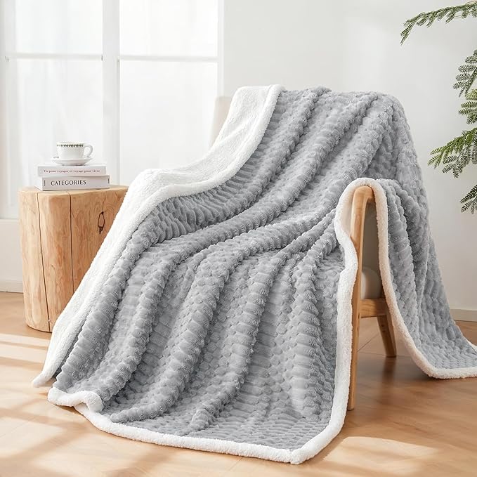Sherpa Throw Blanket for Couch Flannel Cozy Soft Thick Blanket Warm Twin Blanket for Bed Fleece Home Decor Gifts, Z01 - Light Grey, 60"*80"