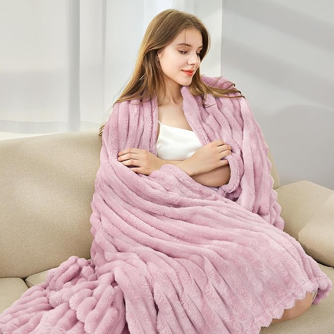 Comelady Fleece Throw Blanket for Couch,3D Ribbed Jacquard Warm Fluffy Blanket for Bed Sofa Room Decor-Lightweight Cozy Soft Throw for All Seasons(Pink,50"×60")