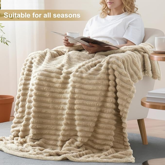 decorUhome Soft Fleece Light Brown Blanket Queen Size for Bed, Cozy Fluffy Plush Flannel Large Striped Throws for Couch Sofa, Lightweight Decorative Fuzzy Blanket for Woman, 90x90 Inches