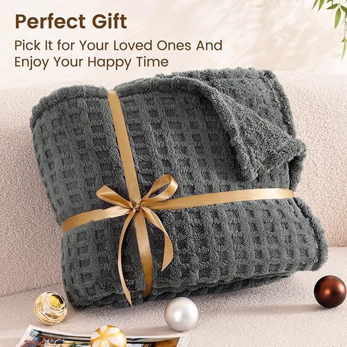 David's Home Ultra Soft Fleece Blanket Queen Size for Bed, Plush Shaggy Fluffy 3D Jacquard Waffle Throw for Couch, Warm Lightweight for Fall Winter,Fuzzy Aesthetic Room Decor,90x90 inches,Dark Grey
