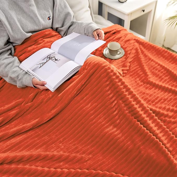 MIULEE Fleece Throw Blanket for Couch 300GSM Super Soft Lightweight Plush Striped, Fall Burnt Orange Warm Cozy Breathable Ribbed Blanket for Bed/Sofa, Throw Size 50"x60"