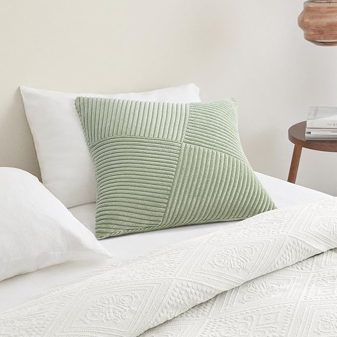 Topfinel 24x24 inches Sagegreen Euro Pillow Shams Set of 2 Corduroy Decorative Throw Pillow Covers for Bedroom Living Room, Windmill Textured Striped Patchwork Couch Pillow Covers 60x60 cm